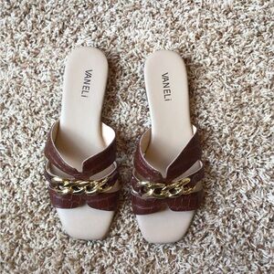 Vaneli Chocolate Brown Mules with Gold Chain Accent